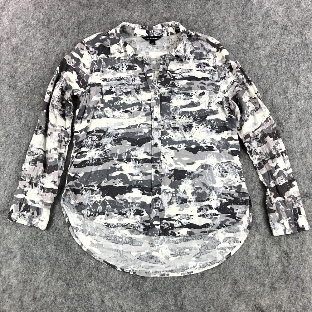 Rock & Republic Womens Button Up Tunic Medium Gray Camo Print Roll Tab Sleeve